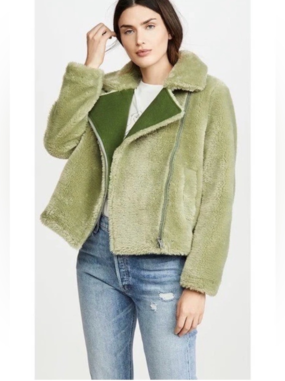 Paul & Joe Sister Gabin Faux Fur Teddy Jacket Coat Sage Green Size 36 US 4. EUC.
